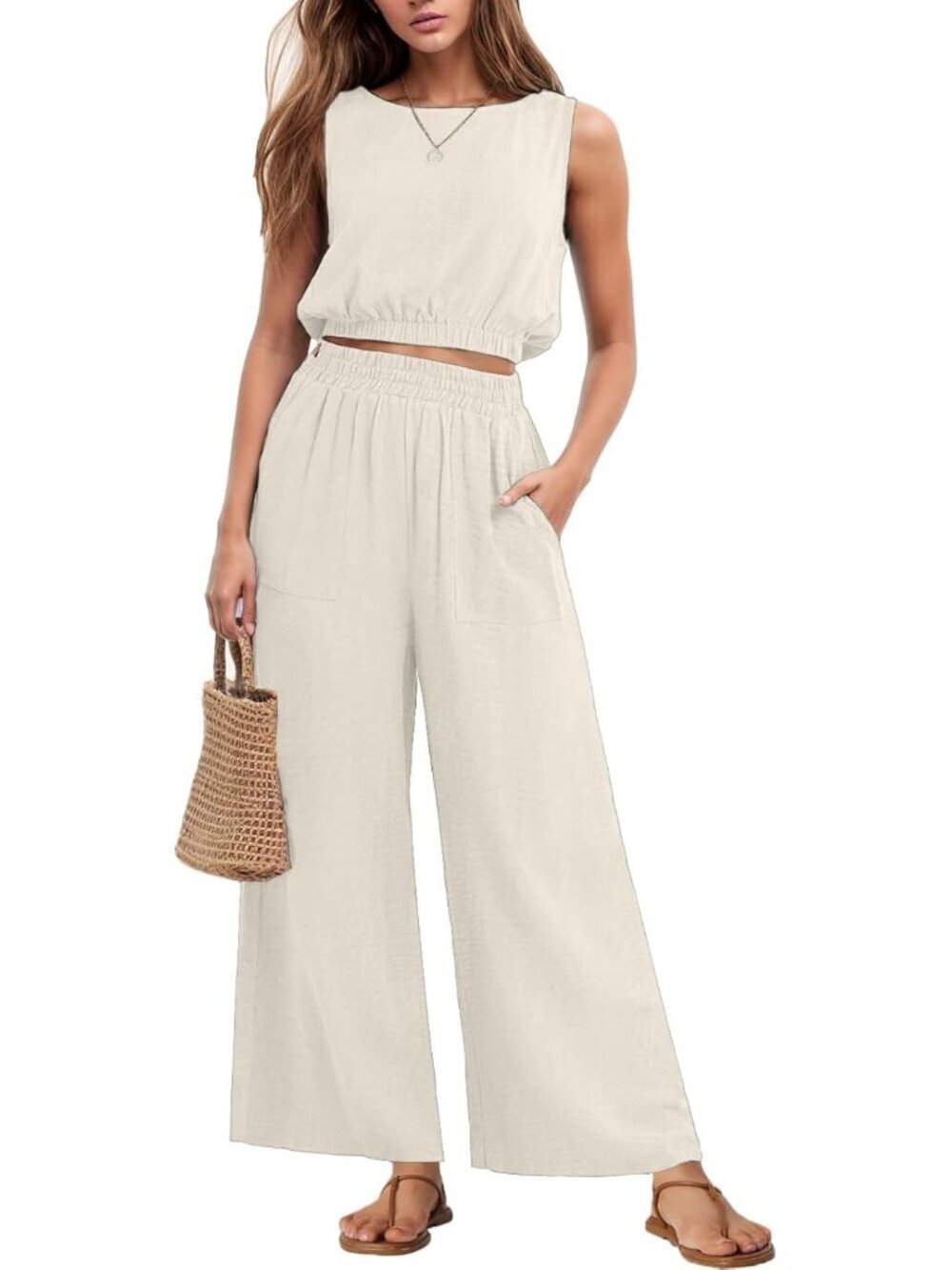 Women's Two Piece Sets Sleeveless Ivory Crop Top Wide Leg Pants Travel Outfits